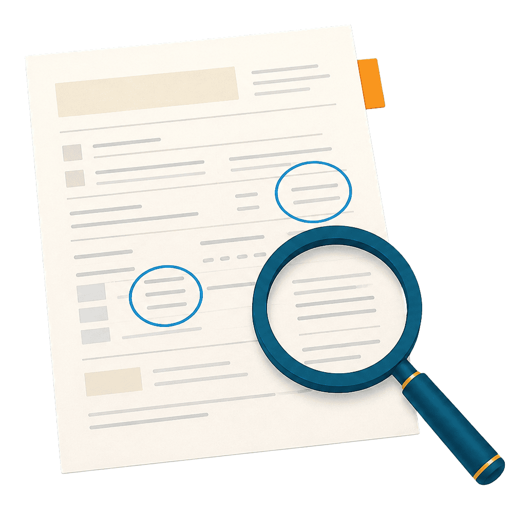 Abstract illustration of a tax return being reviewed with a magnifying glass